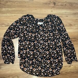 LOFT Black and Pink Ruffled Blouse with Peter Pan Collar